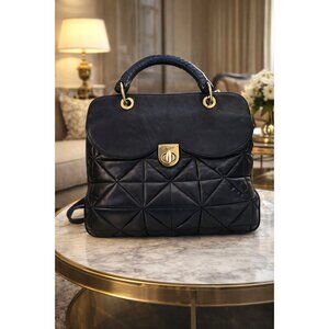 Zac Posen Quilted Navy Lambskin Leather Handbag Purse Top Handle Crossbody